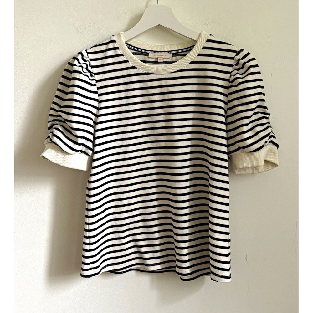 Skies Are Blue Striped Puff Sleeve Knit T-Shirt Sz S Crew Neck Stretch preppy ca
